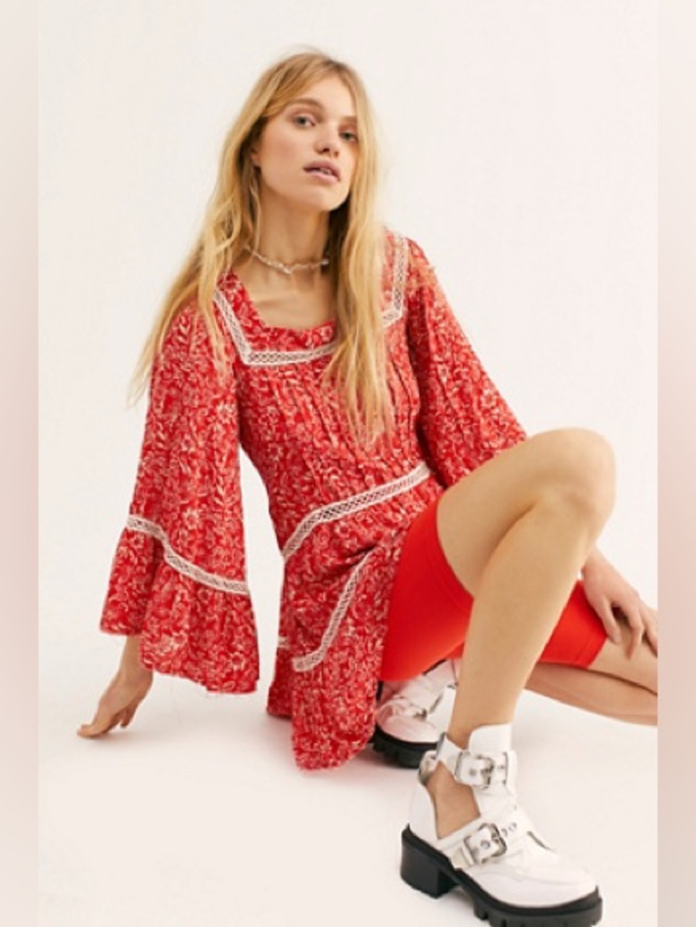 Free People Talk About It Tunic XS Orange Floral Crochet Boho Bell Sleeve